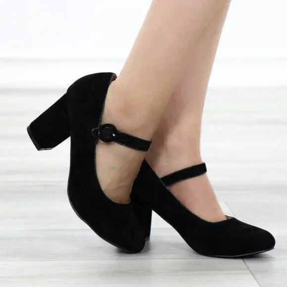 Black Mary Jane Shoes Faux Suede Buckle Strap Chunky Block Heel - Picture 12 of 13